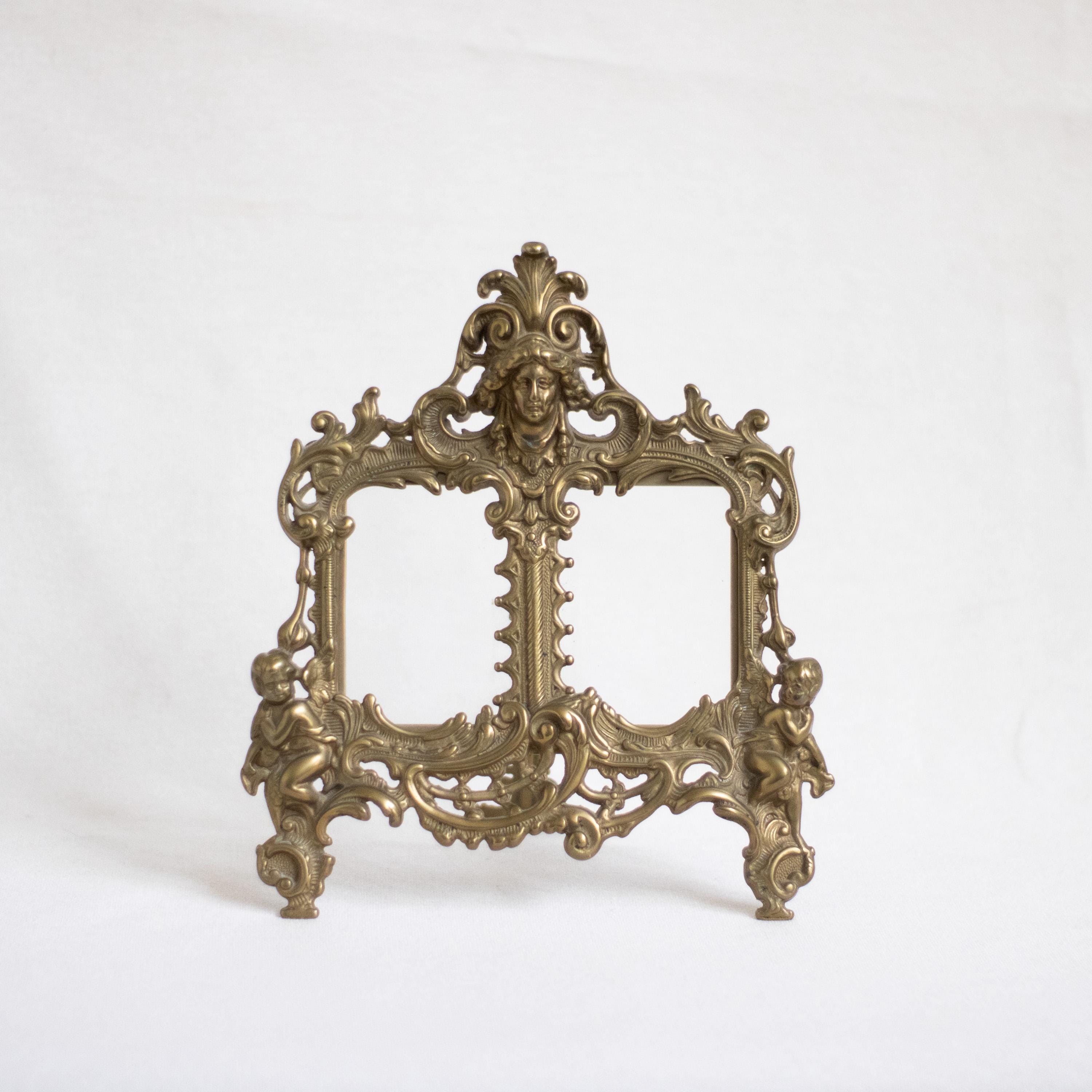 art nouveau frame brass double picture frame ornate decorative photo frame with angels and face carvings elegant Victorian style gift