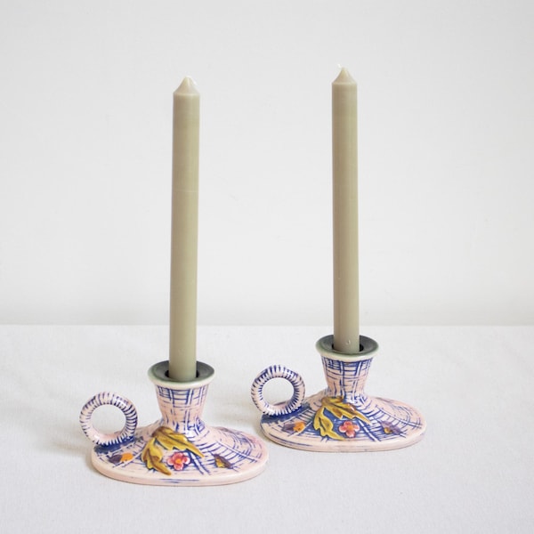 Rare 1950s Hull Pottery Chambersticks Pastel Pink Blue Green Mid Century Candle Holders Majolica Inspired