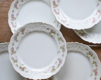 Vintage Pink Rose China Plates Shabby Cottage Floral Dinnerware Embossed Porcelain Romantic Farmhouse Table Decor