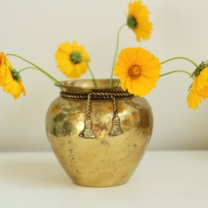 brass plant pot, tassel corded vase, brass gold planter, vintage brass vase, indoor plant pot, brass shelf decor, gift for her