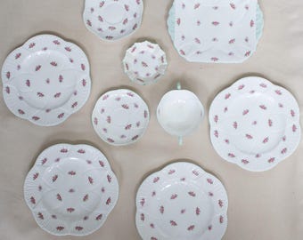 English bone china dish set porcelain Shelley England tableware coquette plates wall hanging rosebud wedding dishes gift balletcore bride