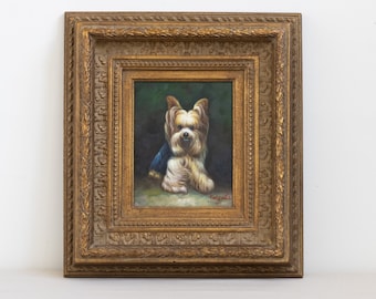 Yorkshire Terrier portrait painting hand painted yorkie dog art in ornate gold frame classic canine decor perfect gift for dog lovers