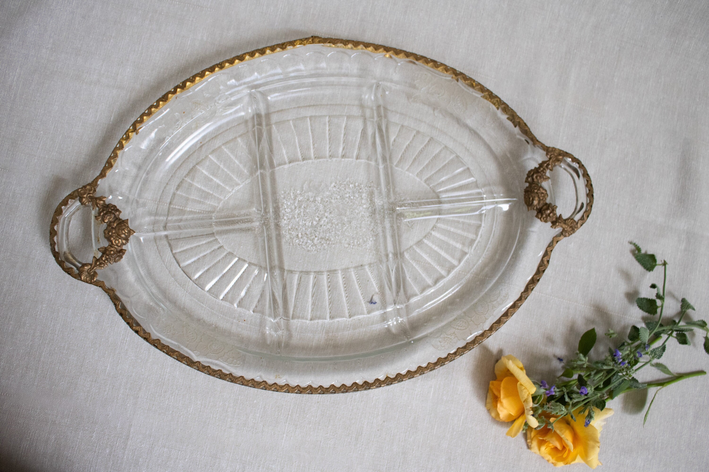 glass serving tray brass ormolu vanity dish gold French antique old ornate plate gold gilt etched glass platter table centerpiece display