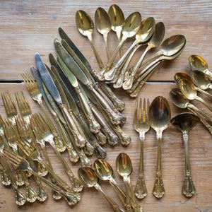 Vintage Godinger Gold Plated Flatware Set with Box 24K Electroplate Silverware Complete Cutlery Set With Serving Spoons