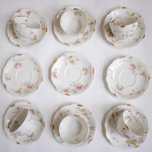 tea set vintage cups and saucers French Limoges coffee cups set floral design 1900s porcelain plates spring table setting cottage decor