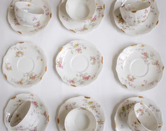 tea set vintage cups and saucers French Limoges coffee cups set floral design 1900s porcelain plates spring table setting cottage decor