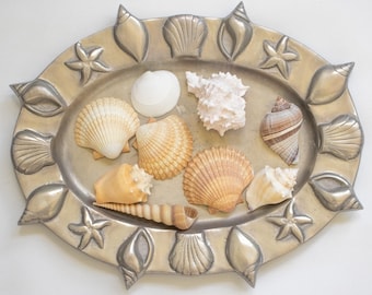Silver Serving Tray Sea Shell Platter Coastal Table Setting Beach Home Decor Seafood Plate