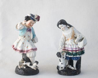 Antique Porcelain Figurines Dresden Germany Hand Painted Children with Dogs Floral Detail Collectible Pair