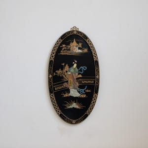 Vintage Asian geisha girl lacquered wood wall panel mother of pearl oval wall hanging soap stone Chinese art dancing lady hanging wall decor