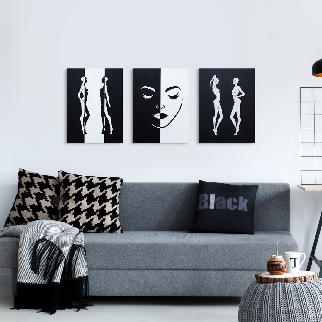 Black and White Wall Art, Black and White Girls Wall Art Set, Modern Black White Wall Art, Hand