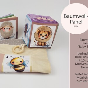 May include: A set of 10 cotton fabric panels featuring baby animals. The panels are printed with a variety of animals, including a lion, a sheep, and a bee. The panels are designed to be sewn together to create a baby quilt or other craft project.  Baumwoll-Panel only.