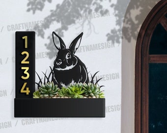 Benutzerdefinierte Bunny Succulents Planter Hausnummer Schild, Adresse Plakette für Adresse, Adresse Pflanzkasten, wetterbeständiger Stahl Adresse Planter