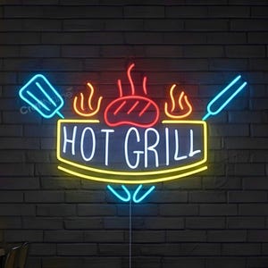 Insegna al neon Hot Grill, insegna a LED per bar grill e steakhouse Hot Grill, insegna al neon personalizzata, decorazioni per ristoranti barbecue, luce a LED per ristoranti barbecue
