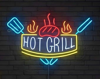 Hot Grill Neon Sign, Hot Grill Steak House Grill Bar Led Sign, Custom Neon Sign, BBQ Restaurant Decor, Barbecue Restaurant Led Light