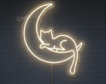 Sleeping Cat Neon Sign – Moon LED Wall Light for Kids Room, Baby Nursery or Cat Mom Gift