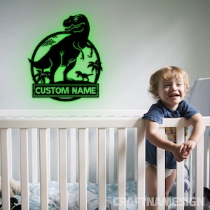 Custom Dinosaur Kid Name Metal Wall Art LED Light - RGB Led Lights Metal for Kid - Safari Nursery Decor - Above Crib Sign - Baby Shower Gift