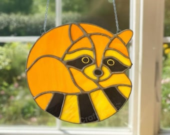 Window Ornament with Raccoon Stained Glass Panel, Handcrafted Glass Art for Home or Porch Decoration, Gift for Wildlife Enthusiasts