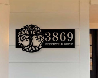 Personalisierte Baum des Lebens Metall Adressschild, Baum des Lebens Geschenk Hausnummer hängende Adresse Plakette, Outdoor Hausnummer, Outdoor Decor