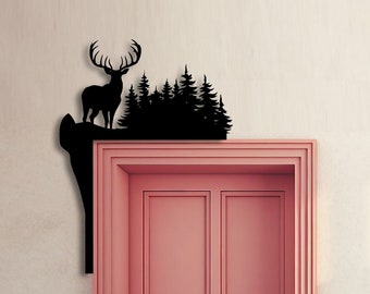 Herten jagen deur hoek metalen muur kunst, herten bos deur topper, herten deur opknoping, hertenliefhebbers slaapkamerdeur decoratie, hertenjager cadeau