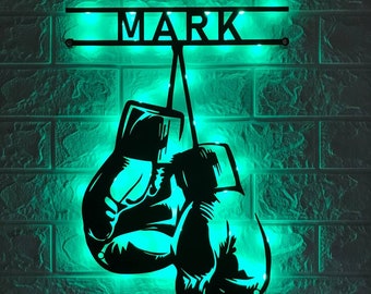 Custom Boxing Gloves Metal Wall Art with LED Light - Personalized King Boxer Name Sign - Ideal for Home Decor & Gift - Boxing Lover Gifts