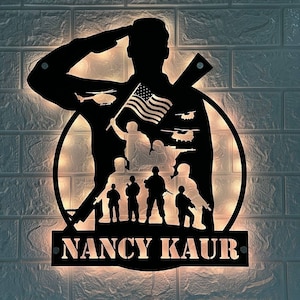 Custom US Soldier Military Metal Wall Art LED Light | Personalized American Army Name Sign Home Decor | Soldier LED light decoration