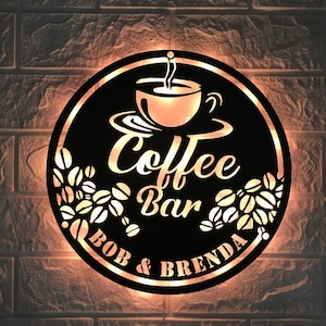 Personalisierte Kaffeebar Metall Wandkunst LED-Licht | Personalisierte Kaffeeliebhaber Namensschild | Wohndekor | Küche Dekoration Terrasse | Dekor Geschenk