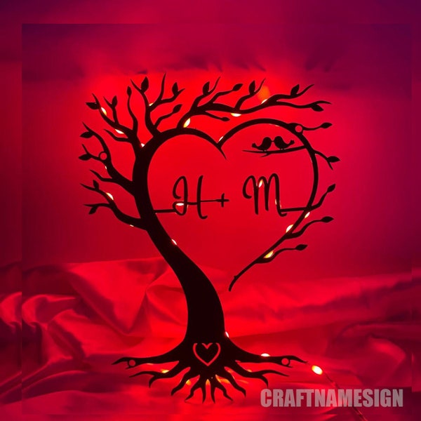 Cœur d’arbre unique personnalisé et noms d’art mural en métal, lumière LED, signe en métal pour couples d’arbre d’amour, initiales d’arbre pour les couples, cadeau de Saint-Valentin