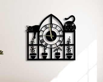 Reloj de metal con diseño de gatos y jardín de flores para decoración de pared, reloj de pared único para decoración del hogar y arte mural, relojes de gato personalizados, regalos para amantes de los gatos