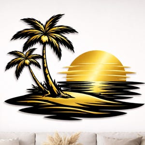 May include: A black and gold metal wall art piece depicting a tropical sunset scene. The artwork features two palm trees, a golden sun setting over the ocean, and a sandy beach. The text "CraftName sign" is at the bottom.