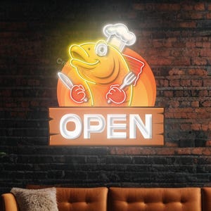Seafood Open Neon Leuchtreklame, Fisch Acryl LED-Licht, Seafood Neon LED-Schild, Open Neon Wandkunst für Seafood Restaurant Dekor