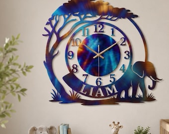Fire Roasted Elephant Metal Wall Clock, Personalized Safari Animal Wall Art for Nursery or Kids Room Decor