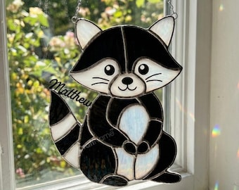 Raccoon Stained Glass Window Suncatcher, Handmade Glass Hanging Decor for Home, Cute Woodland Animal Gift for Kids and Nature Lovers