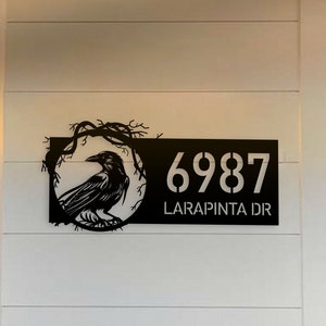 Personalized Black Crow Raven Metal Address Sign, House Number Hanging Address Plaque, Outdoor House Number, Outdoor Decor, Door Signage