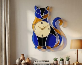Zegar ścienny z witrażem w kształcie kota, elegancka dekoracja salonu lub sypialni, wyjątkowy prezent dla miłośników kotów