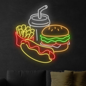 Burger Hot Dog French Fries Soda Neon Sign, Burger Led Sign, Custom Neon Sign, Fast Food Restaurant Decor, French Fries Light, Hot Dog Art