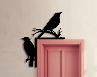 Crow On Branch Door Corner Metal Wall Art, Black Raven On Branch Door Topper, Black Crow Door Hanging, Raven Bedroom Door Decoration
