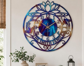Personalized Fire Roasted Koi Fish Lotus Metal Wall Clock,  Zen Wall Art for Living Room or Meditation Room Decor