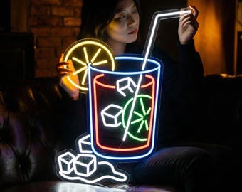 Cocktail Glass Neon Sign, Wall Art Decor for Home Bar or Party Space, Colorful Drink LED Light, Gift for Cocktail Lovers