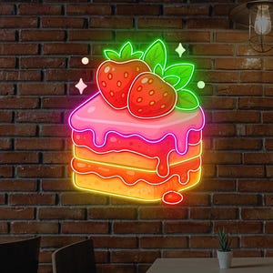 Strawberry Cake Neon Sign, Acrylic Artwork for Bakery Wall Art, Cake Shop Wall Decor, Birthday Cake Sign, Dessert Led Light, Kitchen Decor