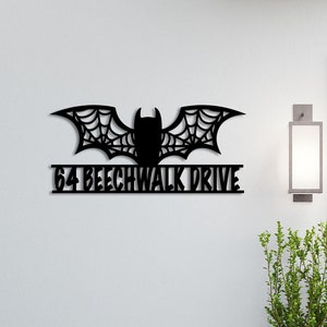 Custom Bat Halloween Front Door Address Metal Sign, Bat Halloween House Number Hanging Address Plaque, Outdoor House Number, Bat Address Art