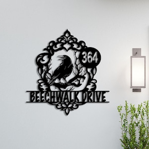 Personalized Raven Modern Outdoor Address Metal Sign, Black Crow Halloween House Number Hanging Address Plaque, Front Door House Number