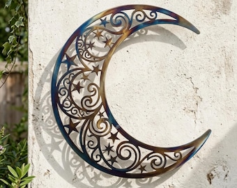 Celestial Moon Metal Sign, Outdoor Wall Art for Garden or Porch Decor