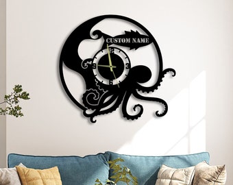 Reloj de pared de metal de pulpo personalizado, reloj de pared único para decoración del hogar y artes de la pared, relojes de pared de pulpo oceánico personalizados, regalo para amantes del pulpo