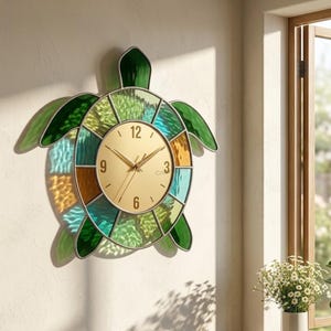 May include: A decorative wall clock shaped like a turtle, featuring a gold clock face with black numerals and hands. The turtle's shell is made of stained glass in shades of green, blue, and brown. The clock is mounted on a light-colored wall.