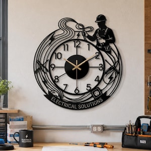 Personalized Electrician Metal Wall Clock, Electrical Contractor Wall Art for Workshop or Garage Decor