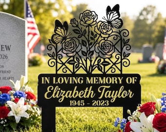 Personalized Flowers Memorial Garden Stake, Floral Metal Grave Marker for Grandma Cemetery Decor