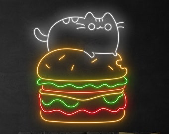 Enseigne néon Cat Lying On Burger, Enseigne LED Cat Burger, Enseigne néon personnalisée, décoration de restaurant rapide, oeuvre d'art de magasin de hamburgers, cadeaux pour amateurs de hamburgers