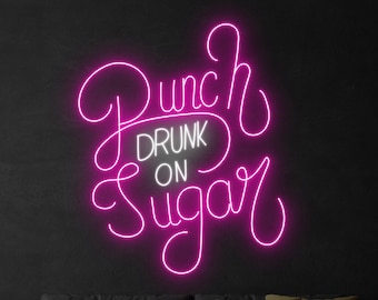 Punch Drunk On Sugar Neon Sign, Wine Bar Pub Neon Sign, Custom Neon Sign, Alcohol Bar Open Night Light Decor, Drinking Lover Gifts