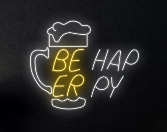 Beer Happy Neon Sign, Beer Happy Bar Pub Neon Sign, Custom Neon Sign, Bar Neon Night Light Decor, Drinking Lover Led Gifts, Beer Wall Light