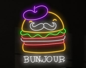 Bonjour French Burger Led Sign, Burger Neon Sign, Custom Neon Sign, Fast Food Restaurant Decor, Hamburger Store Wall Art, Burger Lover Gifts